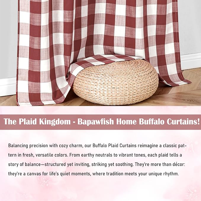 Burgundy Red Buffalo Plaid Curtain Panels 84 Inches Length | Buffalo Check Geo Semi Sheer Drapes,Yarn Dyed Fabric,Farmhouse Window Treatment,Bedroom Living Room,Rod Pocket,52"Wx84"Lx2