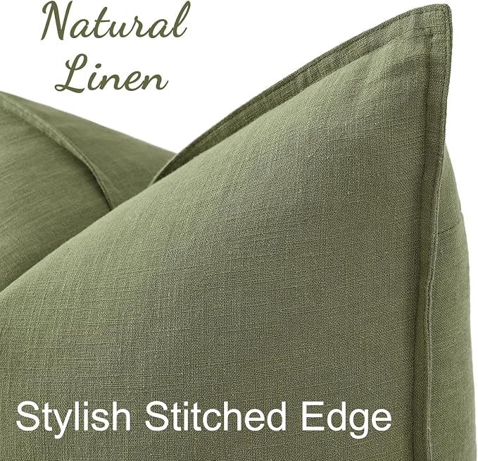 decorUhome Fall Olive Green Linen Throw Pillow Covers 24x24 Set of 2 | Decorative Soft Cozy Modern Farmhouse Boho Accent Pillow Cases with Flange Edges for Couch Bed Sofa Living Room Home Decor