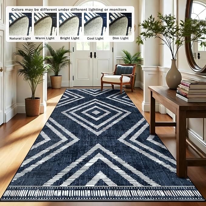4x10Ft Boho Rug Runners for Hallway Non Slip, Geometric Washable Kitchen Runner Rugs, Navy Blue Soft Wide Modern Farmhouse Entryway Floor Carpets for Entrance Doorway Bedroom Home Decor