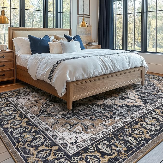 Lessymo Area Rugs 6x9, Machine Washable Area Rug, Super Soft Faux-Wool Area Rugs for Living Room Bedroom Kitchen, Boho Vintage Floral, Non-Slip Low Pile, Kid & Pet Friendly, Black Brown