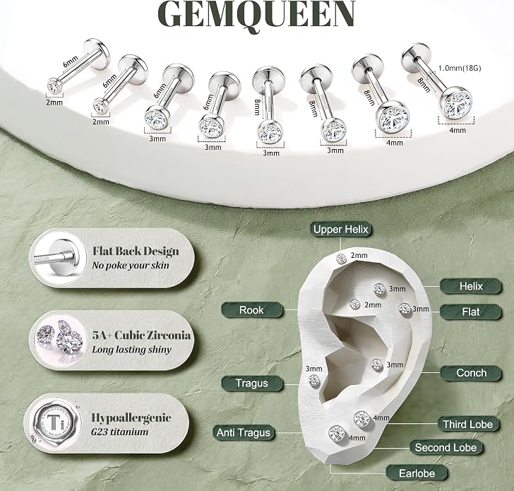 GEMQUEEN 4 Pairs 16G/18G/20G G23 Titanium Implant Grade Nose Studs Threadless Flat Back Earrings Hypoallergenic Flatback 5A CZ Cartilage Helix Tragus Conch Tiny Lip Piercing Jewelry for Women Men
