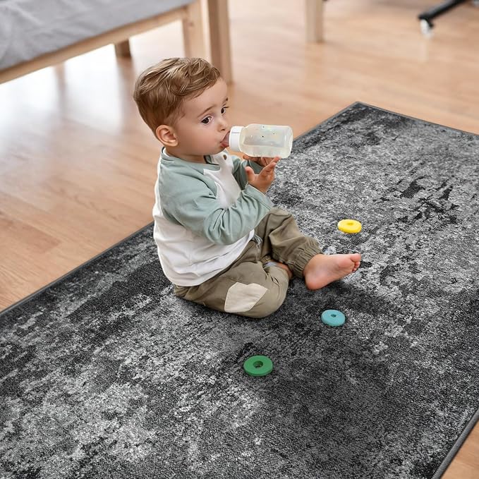 3x10 Black Rug Runners for Hallways Kitchen Runner Rug Non Slip Washable Black Long Runner Rugs with Rubber Backing Soft Abstract Carpet Runner for Bedroom, Kitchen, Bathroom, Entryway