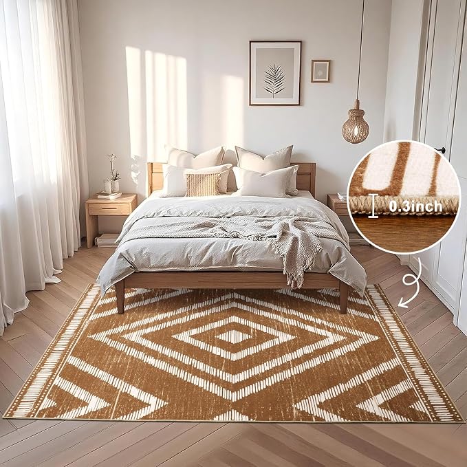 Boho Washable Rugs 5x7ft Non Slip, Low Pile Area Rug for Living Room, Brown Moroccan Bedroom Carpets, Non Shedding Soft Floor Carpet for Dining Room Bathroom Nursery Kitchen Office