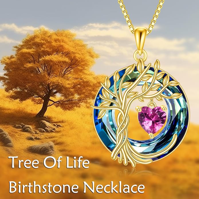 POPLYKE Mothers Day Gifts for Mom Her Wife Tree of Life Necklace 925 Sterling Silver Birthstone Pendant with Crystal Anniversary Birthday Wedding Jewelry for Women