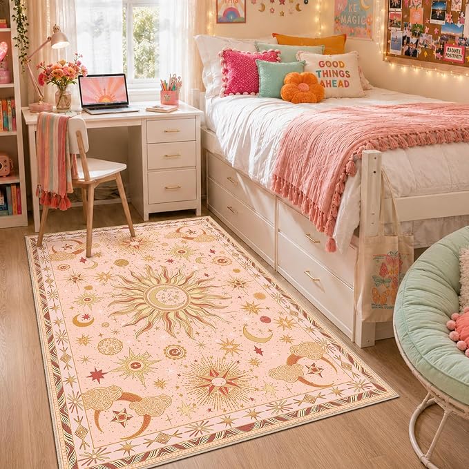 Vacuum-Friendly, 4x6 Washable Area Rug, Pink Gold Beige Red | Sun and Moon Boho Gothic Non-Slip Low Pile Living Roon Bedroom Dining Room Kitchen Entry Entryway Entrance Hallway Doormat