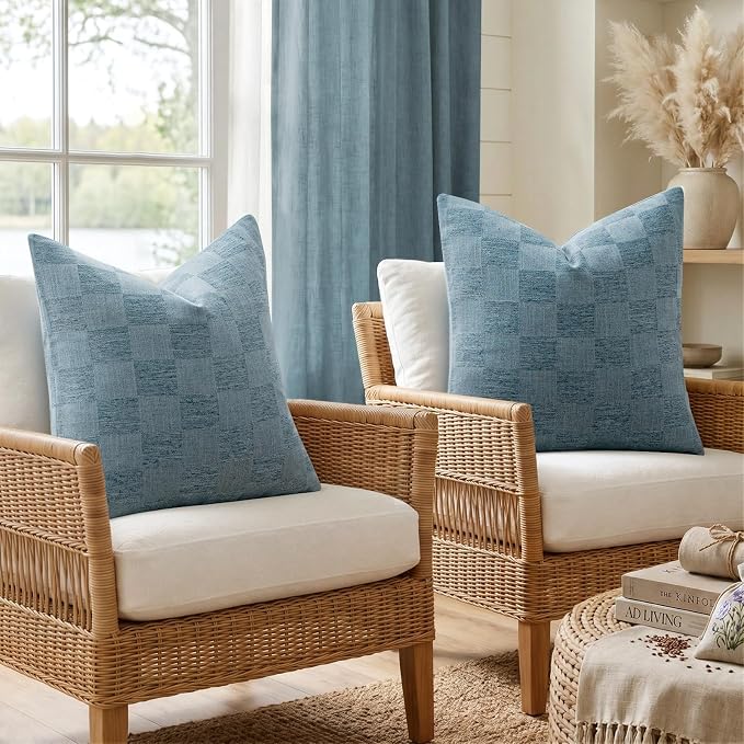 a moment Set of 2 Decorative Linen Throw Pillow Covers,Large Grid Textured Neutral Boho Farmhouse Cushion Covers,Soft Aesthetic Pillowcases for Couch Sofa Living Room Home Decor,24x24 Inch,Blue