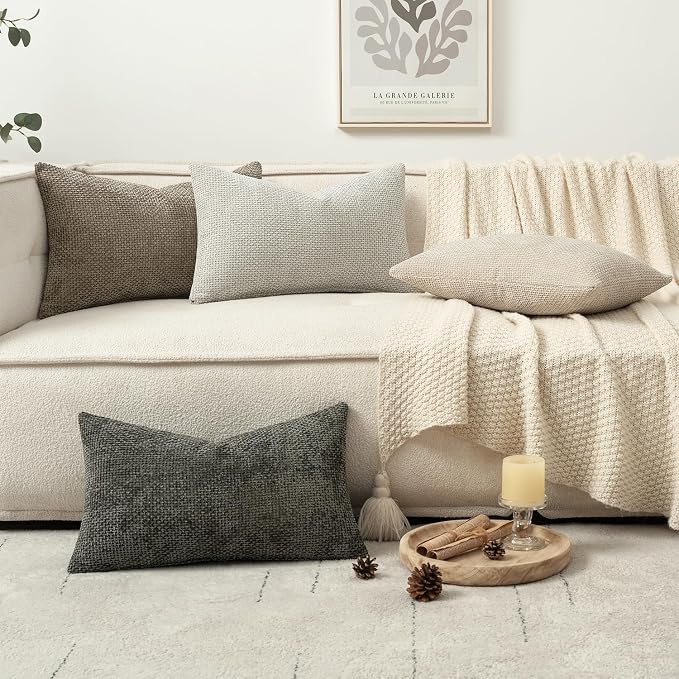MIULEE Pack of 4 Couch Throw Pillow Covers 12x20 Inch Neutral Soft Decorative Chenille Pillow Covers Farmhouse Boho Accent Cushion Covers for Mid Century Modern Spring Decor Sofa Bedroom Living Room