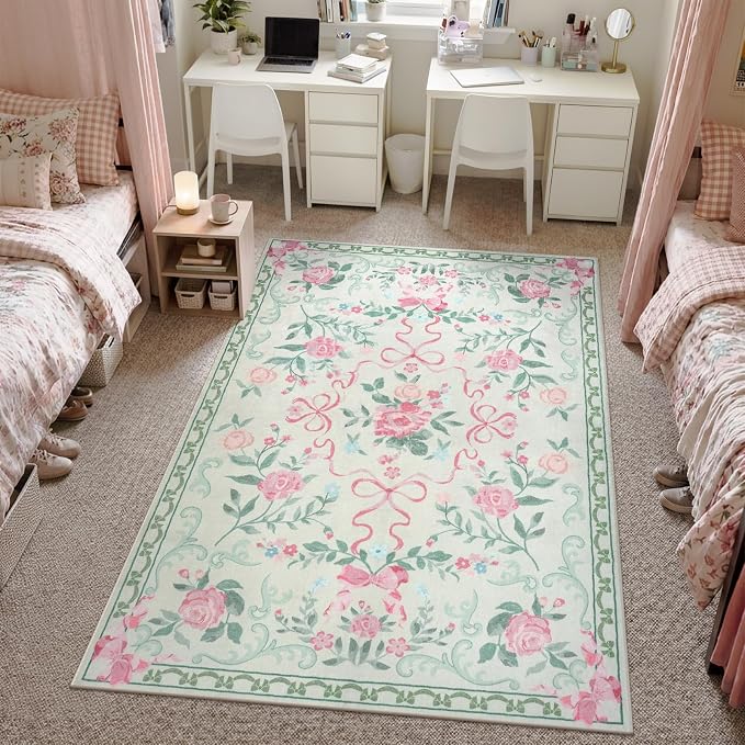 Collive Green Floral Rugs for Girls, 5x7 Washable Bow Area Rug for Living Room, Cute Ultra-Thin Non Slip Indoor Decor Carpet for Nursery Kids Room Bedroom Playroom (Green 5' x 7')