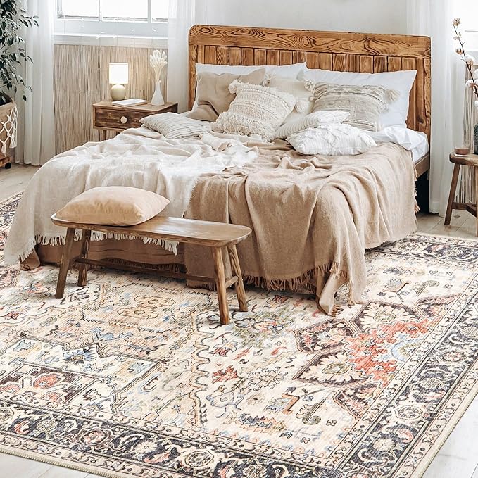 11x14 Area Rugs for Living Room - Large Carpet Ultra Thin Soft Washable Oriental Vintage Floral Distressed Big Indoor Carpets for Bedroom Nursery Dorm Home Decor Aesthetic - Multi Color