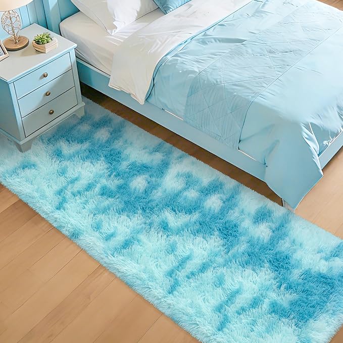 Light Blue Fluffy Rug for Bedroom Living Room, 2x8 ft Soft Sky Blue Bedroom Runner Rug for Bedside Kids Boys Room Hallway, Washable Fuzzy Kids Rugs Plush Shag Carpet for Nursery Dorm