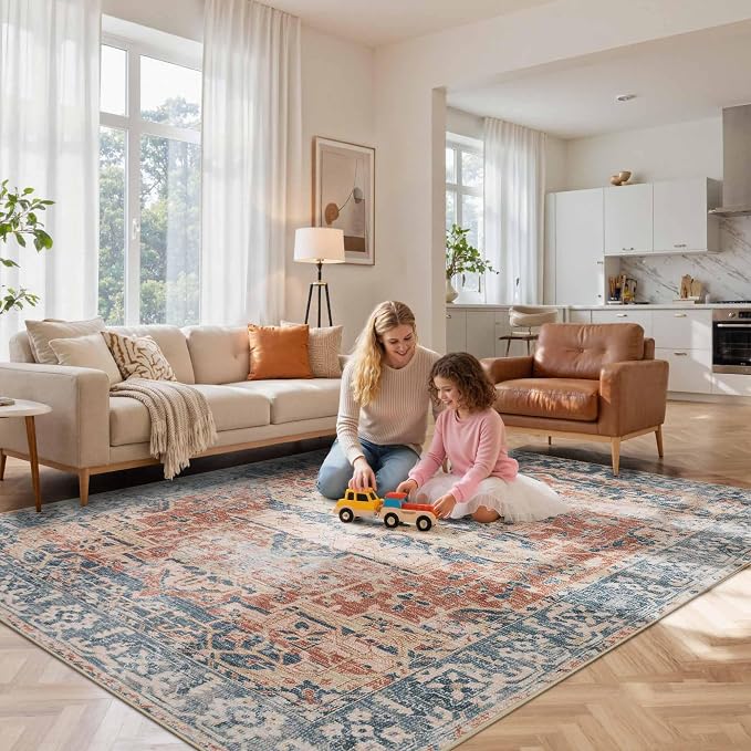 Rugxara 8x10 Area Rugs for Living Room Large Washable Rug, Coral Blue | Non Slip, Rug for Dining Room Bedroom Office Kids Room, Stain Resistant, Soft, Low Pile, Vintage Boho Retro Carpet,Home Decor