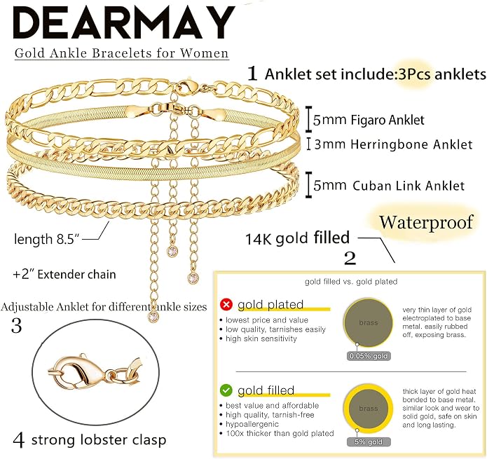 DEARMAY Gold Anklets for Women Waterproof, Non Tarnish14K Gold Plated Ankle Bracelets Set Stack, Summer Beach Jewelry Gifts for Vacation, Bikini Outfits for Women Mom Her