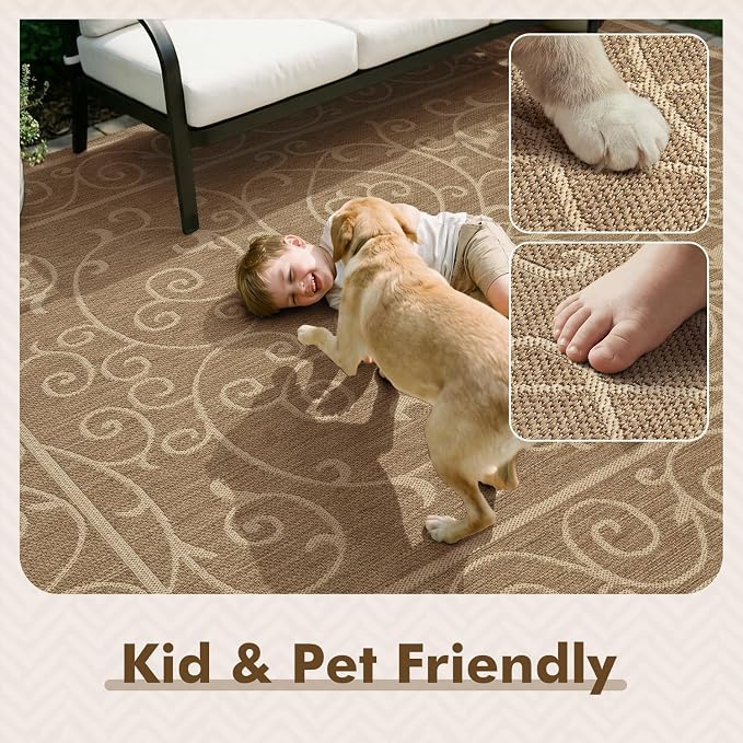 MontVoo-Outdoor Rug-Patio Rug 8x10 ft Polypropylene Indoor Outdoor Rugs Outdoor Carpet for Patio Deck Balcony Porch, Textured Weave, Durable for High Traffic, Fade-Resistant, Vintage Neutral Brown