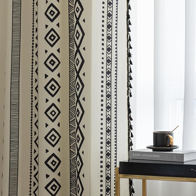 Black Geometric Curtains 102 Inches Long, Boho Farmhouse Light Filtering Rod Pocket Drapes with Tassel Trim for Bedroom Living Room, 2 Panels