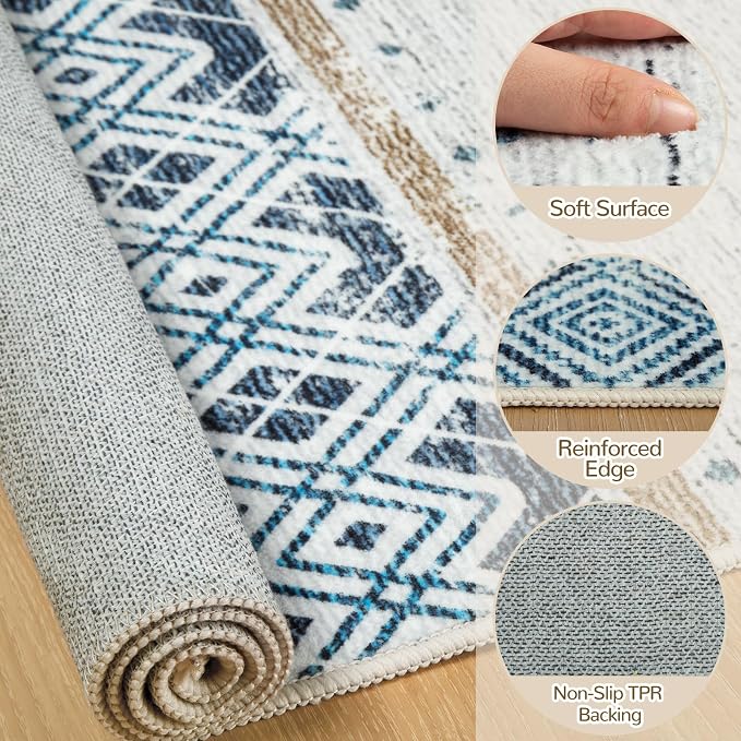 BESTSWEETIE 6x9 Area Rugs for Living Room Washable Moroccan Farmhouse Neutral Geometric Low Pile Non-Slip Soft Print Pattern Rug for Bedroom Kitchen Dining Room Entryway Blue/Brown