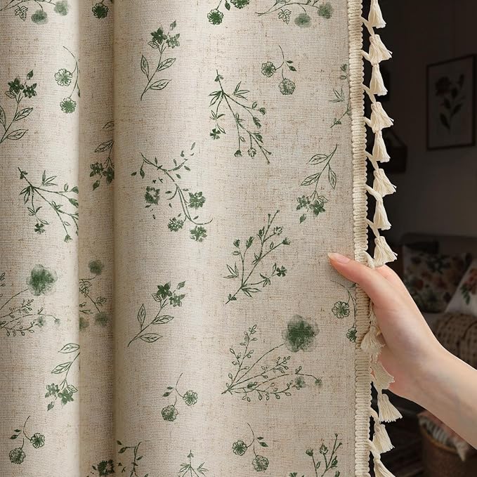 Boho Floral Spring 100% Blackout Curtains 84 Inch Length 2 Panels Set, Linen Texture Farmhouse Curtains with Beige Tassel for Living Room Bedroom, Vintage Rustic Rod Pocket,Dark Green
