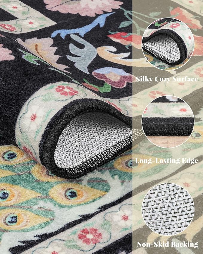 5x7 Black Washable Rug for Living Room - Foyer Rugs for Entryway, Bedroom, Home Office, Floral Indoor Décor