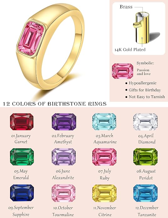 Birthstone Gold Rings for Women Non Tarnish 14K Gold Plated Chunky Emerald Rings Thumb Signet Statement Dainty CZ Band Ring Unique Waterproof Cute Jewelry Gift for Birthday Size 6-10