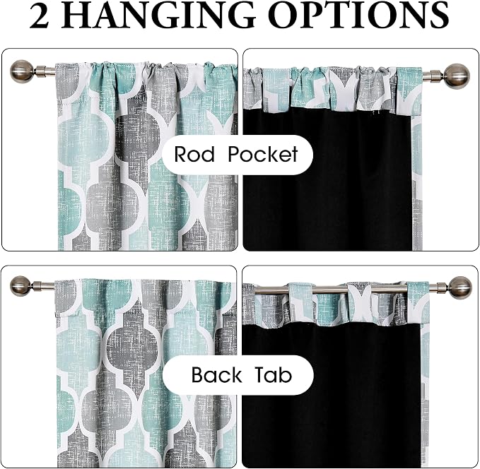 Beauoop Moroccan 100% Blackout Curtains Bedroom Aqua Grey 50x63 2 Panels | Geometric Room Darkening Drapes for Living Room 84 Inch Long Thermal Insulated Soundproof Lattice Window Treatment Rod Pocket