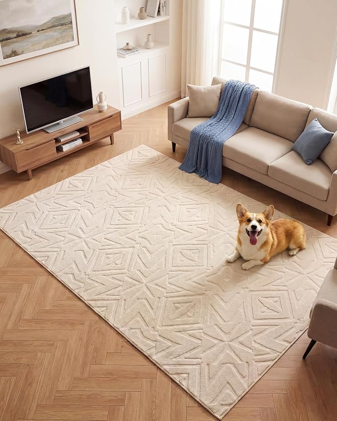 Carvapet 6x9 Area Rug - Beige Modern Kaleidoscope 3D High Low Pile Texture Floor Carpet, Luxurious Washable Soft Plush Rug with Skid-Resistant Backing for Living Room Dining Room
