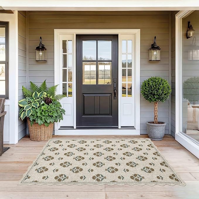 ORTIGIA Scalloped Easy Jute 3x5 Area Rug Vintage Yellow Block Floral Farmhouse Washable Rug Non-Slip Indoor Outdoor Carpet for Living Room Bedroom Kitchen Patio Entryway