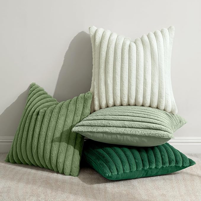 MIULEE Faux Fur Plush Decorative Throw Pillow Covers 20x20 Set of 4, Spring Modern Soft Fuzzy Striped Cushion Covers for Sofa Couch Bed Living Room Cozy Home Decor,Green