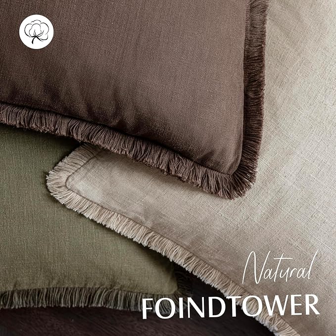 Foindtower Set of 2 Decorative Linen Fringe Throw Pillow Covers Boho Farmhouse Cushion Cover with Tassels Soft Accent Pillowcase for Couch Sofa Bed Living Room Home Decor,16×16 Inch,Reddish Brown