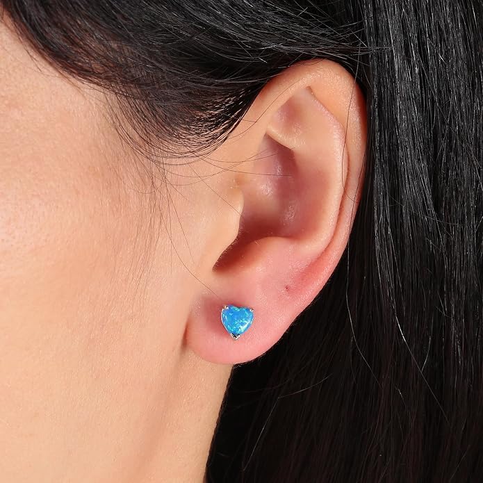 CiNily 925 Sterling Silver Stud Earrings for Women Teen, Heart Opal Stud Earrings, Dainty Cartilage Small Studs for Men, Heart Birthstone Earrings Lightweight Opal Jewelry for Mothers Day Birthday