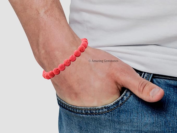 Amazing Gemstone Red Lava Bracelet, Gifts for Men & Women - Protection Healing Crystal Bracelet - 8mm Gemstone Beaded Adjustable Bracelet, Pulseras para Hombres Mujer Stocking Stuffers
