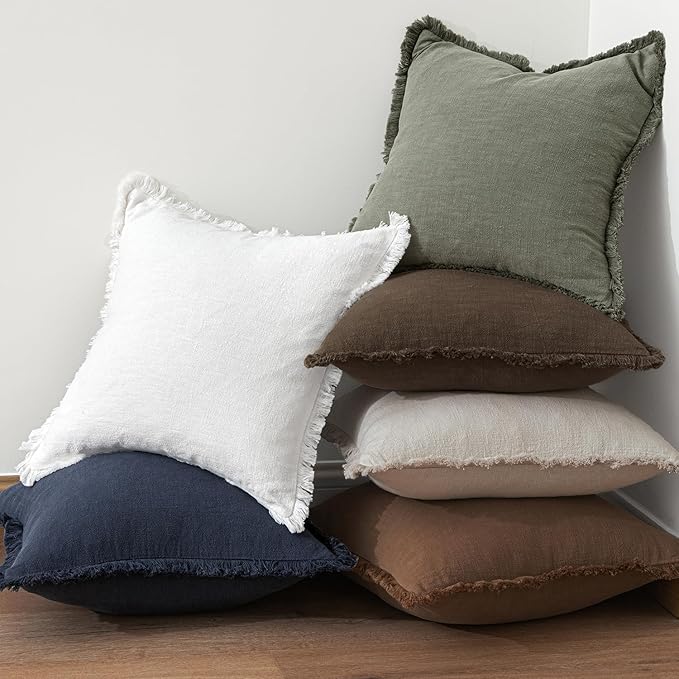 MIULEE Decorative Throw Pillow Covers Neutral Linen Fringe Throw Pillows Euro Shams Set of 2 Chocolate Brown Boho Farmhouse Cushion Covers for Couch Sofa Bed Living Room Fall Home Decor 26x26 Inch