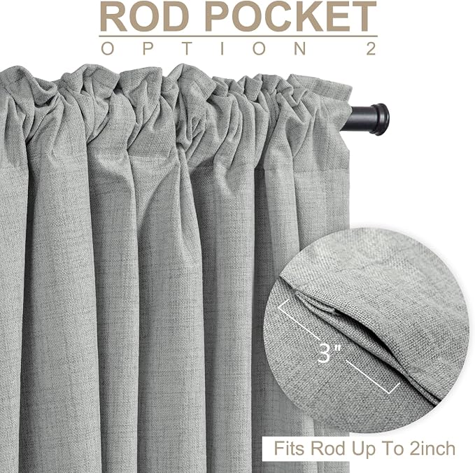100% Blackout Shield Linen Blackout Curtains for Bedroom 102 Inches Long, Back Tab/Rod Pocket Living Room Drapes, Thermal Insulated Blackout Curtains 2 Panels Set, 50" W x 102" L, Grey