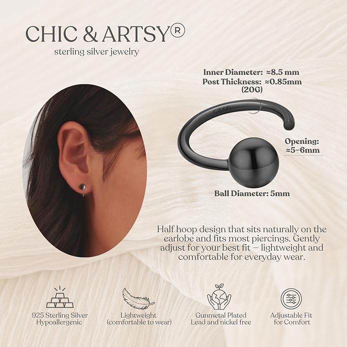 CHIC & ARTSY 925 Sterling Silver Half Hoop Earrings for Women, Small Huggie Hoops Set with Ball Bar Star Moon Cross & Pearl, Lightweight Comfort Fit Everyday & Sleep Earrings