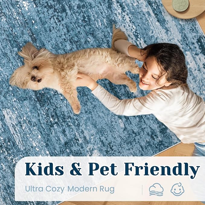 Washable Rug 5x7 Area Rugs for Living Room: Neutral Soft Rug Abstract Non Slip Low Pile Modern Carpet for Bedroom Kitchen Nursery Office Dining Room Indoor (Darkblue, 5'x7')