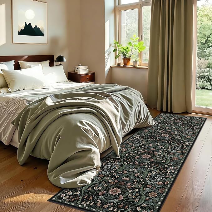 2’6″x 8’ Washable Runner Rug,Black Floral Boho Area Rug for Hallway,Low-Pile Non-Slip Stain Resistant Carpet for Kitchen, Bedside,Laundry Room,Entryway
