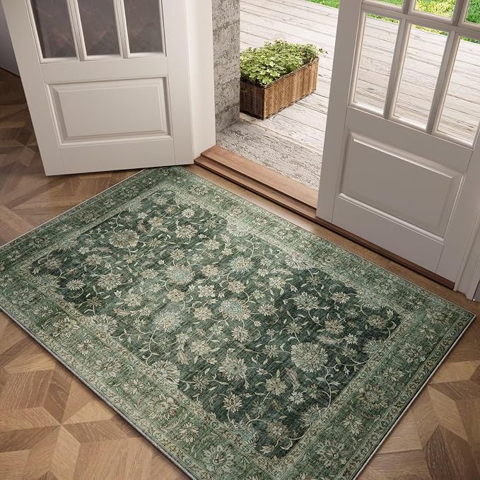 Washable 3x5 Entryway Rug, Boho Vintage Non-Slip Door Mat, Sage Green | 0.3" Neutral Throw Small Rugs for Bedroom Kitchen Nursery Entrance, Cushioned for High-traffic Area