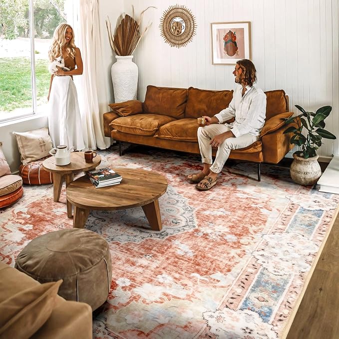 MUJOO 8x10 Area Rugs Washable Boho Rug Non Slip Low-Pile Floral Large | Machine Washable Throw Carpet for Living Room Bedroom Dining Room Boho Soft Floor Indoor Abstract Flowers Orange Navy Blue
