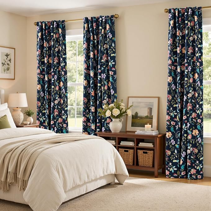 jinchan Dark Blue Floral Blackout Curtains 96 Inch Back Tab 2 Panels | Room darkening, light blocking, elegant vintage drapes, botanical floral print, bedroom, living room, window treatment