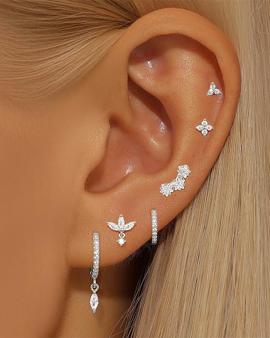 14K Gold Plated Dainty Stud Hoop Earrings for Women 6 Pairs Huggie Hypoallergenic Silver Gold Flat Back Cartilage Stud Earrings Set for Multiple Piercing Luxury Cubic Zirconia Drop Earrings Jewelry Trendy Gifts