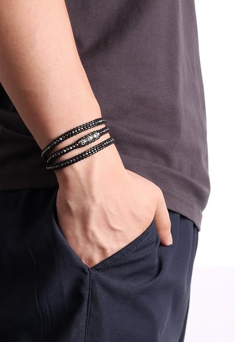 KELITCH Skull 3 Wrap Leather Bracelet Punk Beaded Bracelets Stackable Gothic Bangle Bracelets