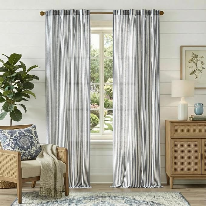 jinchan Linen Curtains 96 Inch Blue Stripe on Beige Back Tab 2 Panels | Curtains For Living Room Bedroom,Ticking Stripe, Farmhouse Cottage Core Rustic,Rod Pocket Window Treatment,Light Filtering