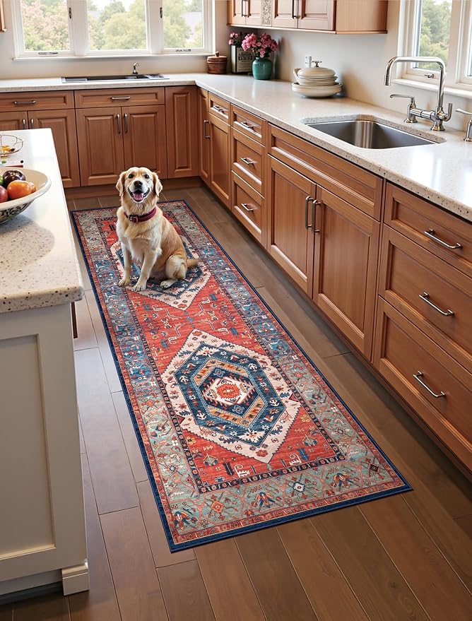 SERISSA Boho Washable Runner Rug, 2x5 Non-Slip Vintage Rust Hallway Kitchen Runner Rug Ultra Soft Print Distressed Tribal Floor Carpet for Bedroom Bathroom Laundry Living Room