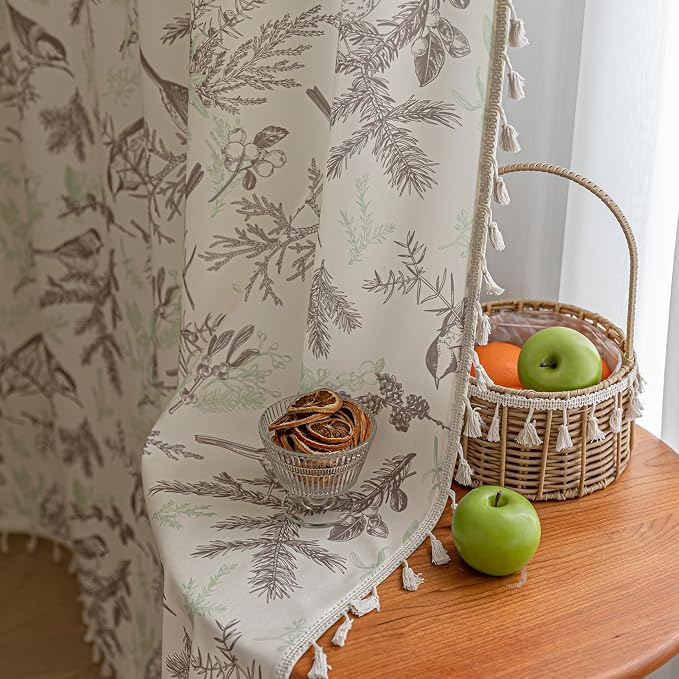 Bird Botanical Curtains 54 Inches Long, Boho Farmhouse Light Filtering Rod Pocket Drapes with Tassel Trim for Bedroom Living Room, 2 Panels