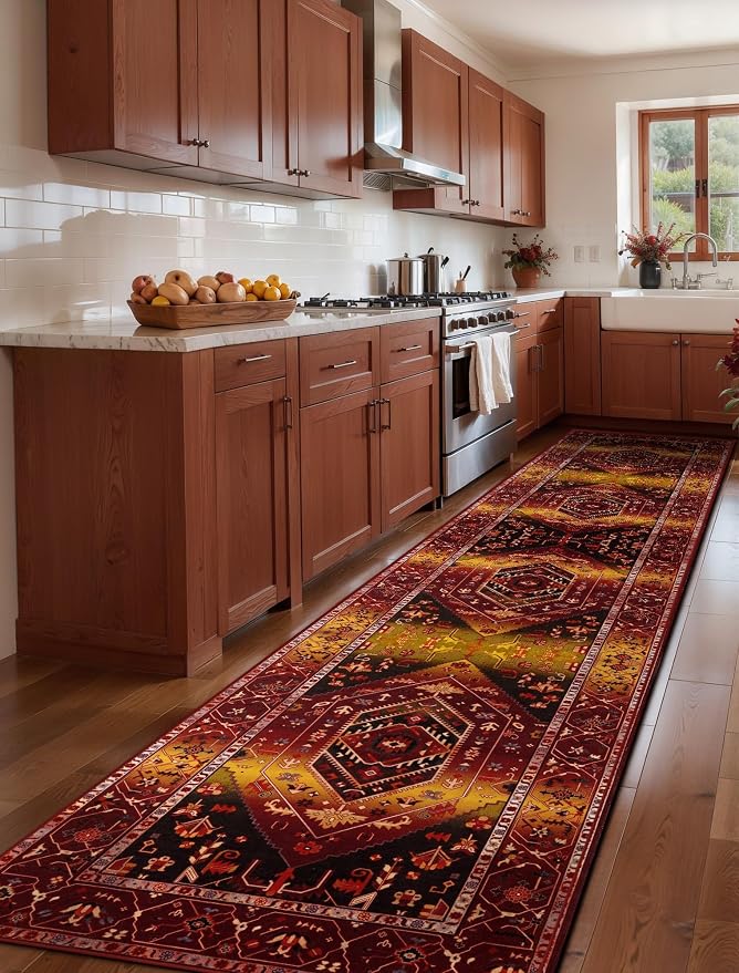 SERISSA Runner Rug for Hallways, 2'6"x12' Washable Non Slip Kitchen Runner Rug, Extra Long Boho Rug Ultra Soft Vintage Rustic Red Gold Floor Carpet for Bedroom Hallway Entryway Laundry Room