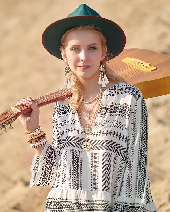 Tondiamo 12Pcs Boho Jewelry Set for Women Bohemian Western Jewelry Set with Long Pendant Necklace Dangle Earrings and Stackable Bangle Bracelets Accessories for Women Friendship Gift