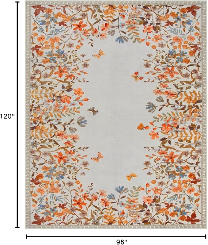 Wonnitar 8x10 Washable Area Rug, Burnt Orange Floral Rug for Living Room, Boho Large Botanical Bedroom Carpet, Non Slip Nursery Rug, Farmhouse Dining Room Decor (8x10 Orange)