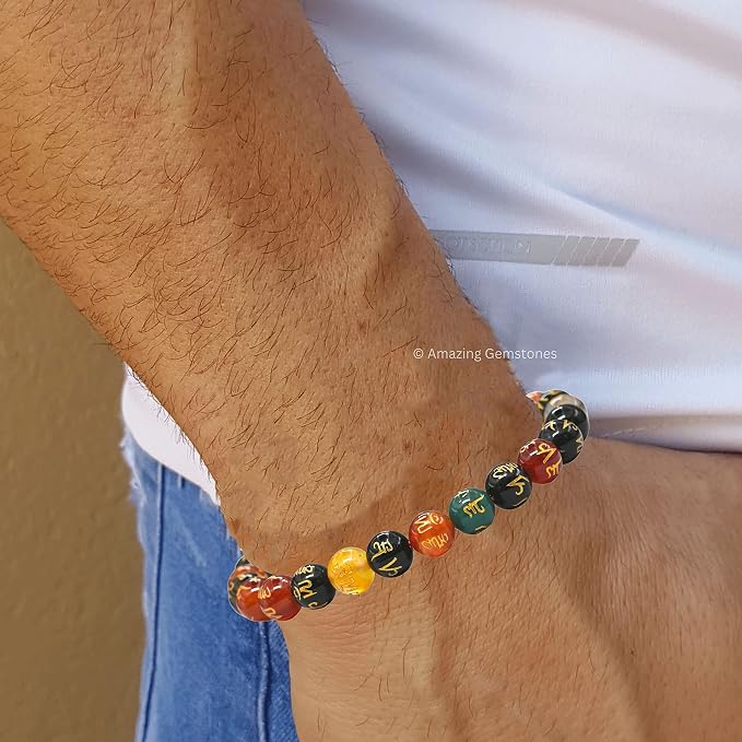 Amazing Gemstone Om Mani Multi Gems Bracelet for Women Men's Gifts - Protection Healing Crystal Bracelet - 8mm Gemstones Beaded Adjustable Bracelet Pulseras para Hombres Mujer Stocking Stuffers