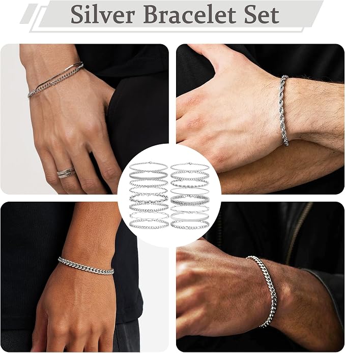 Chain Bracelet for Men Stainless Steel Cuban Link Curb Figaro Herringbone Rope Paperclip Snake Byzantine Curb Chunky Chain Silver Bracelets Jewelry Set for Men 8.3 Inches