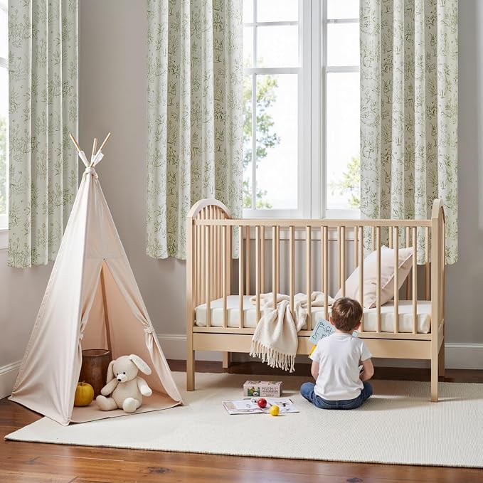 jinchan Green Blackout Curtains W38xL63 Whimsical Back Tab 2 Panels | Room darkening,nursery kids bedroom,privacy,whimsical,cottagecore,bunny pattern,botanical,nature-inspired decor