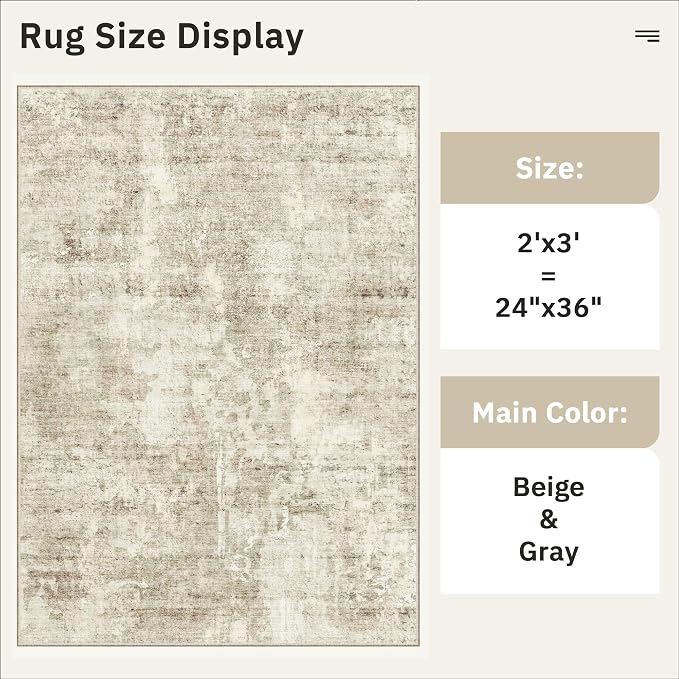 Soalmost 2x3 Washable Rugs for Kitchen, Floor, Entryway, Powder Room Small Area Rug Non-Slip Vintage Low Pile Throw Door Mat Beige/Gray