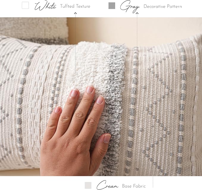 BlissBlush 12x20 Lumbar Pillow Cover, Cream Neutral Rectangular Decorative Cushion Cover with Gray Pattern, Boho Accent Pillowcase with Tassels for Couch Sofa Living Room (Cover Only)